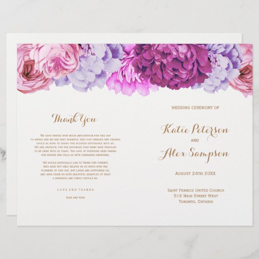 Weddenprogramma's met  Waterverf bloemen (Voorkant / Achterkant)