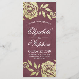 Weddenprogramma's Modern Golden Rozen Burgundy Red Programmakaart