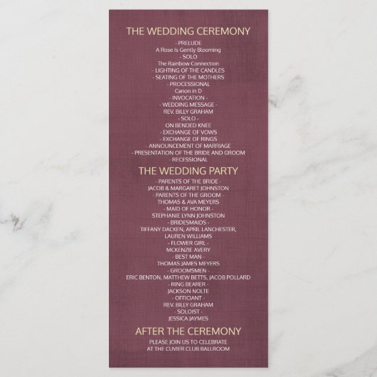 Weddenprogramma's Modern Golden Rozen Burgundy Red Programmakaart (Achterkant)