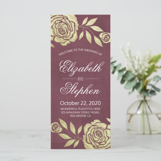 Weddenprogramma's Modern Golden Rozen Burgundy Red Programmakaart (Staand voorkant)
