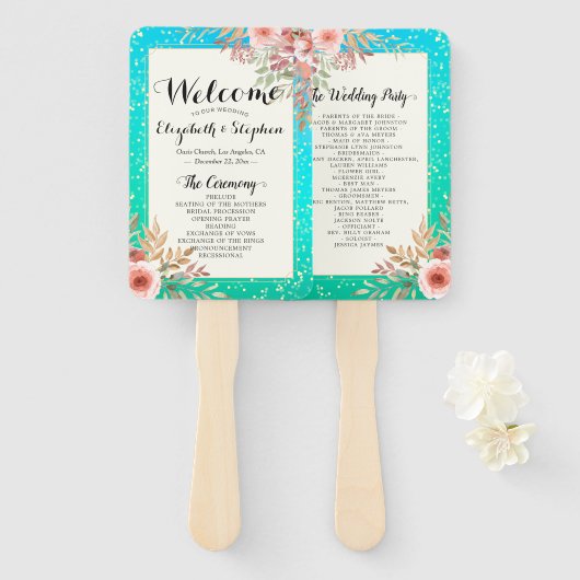 Weddenprogramma's Modern Pink Floral Blauwgroen Go Handwaaier (Voorkant en achterkant)