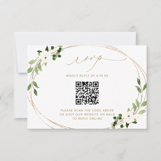 Weddenreactie Online met QR Code Greenery Gold RS RSVP Kaartje (Voorkant)