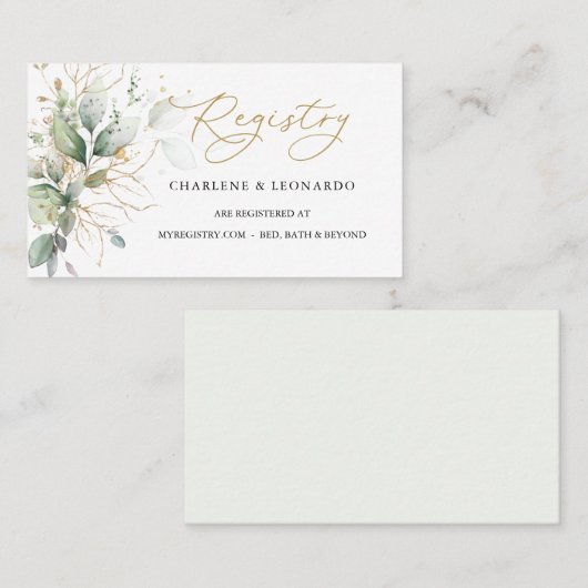 Weddenregistratie Greenery Gold Floral Place Card Plaatskaartje (Voorkant / Achterkant)