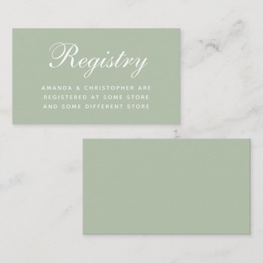 Weddenregistratie Sage Simple Calligraphy Green Informatiekaartje (Voorkant / Achterkant)