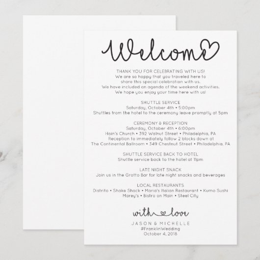 Weddenrondleiding - Welkom bij bruiloften - liefde Programmakaart (Voorkant / Achterkant)