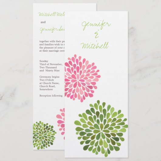 Weddenroze en groene bloemen uitnodiging (Voorkant / Achterkant)