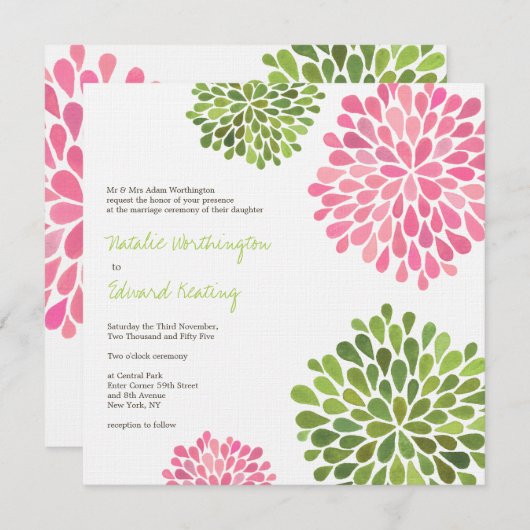 Weddenroze en groene bloemen uitnodiging (Voorkant / Achterkant)