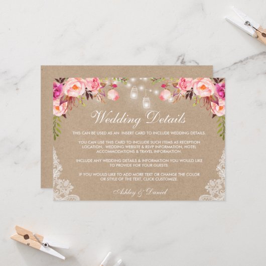 Weddenroze Jar Lights Details Kraft Insert Kaart (Voorkant / Achterkant in situ)