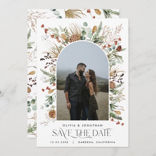 Weddenschap 1 foto waterverf botanische flora save the date (Voorkant / Achterkant)