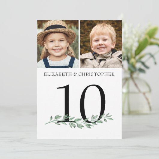 Weddenschap 2 Foto's Greenery Table Number 5x7 Sig Kaart (Staand voorkant)