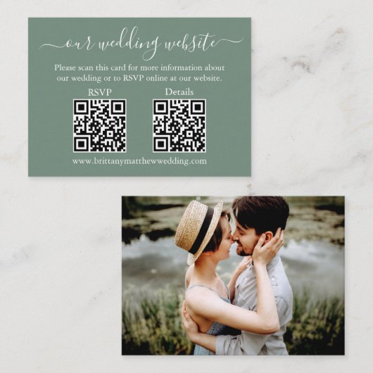 Weddenschap 2 QR RSVP - Details Foto Sage Green Informatiekaartje (Voorkant / Achterkant)