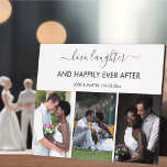 Weddenschap 3 Fotocollage met lastercampagne Fotoplaat<br><div class="desc">Creëer je eigen trouwfotoplaquette met 3 van je favoriete afbeeldingen. De tekst wordt letterlijk weergegeven in elegant script en modern print. Het luidt: "liefde, lach en gelukkig ooit daarna". De sjabloon is klaar voor u om de namen van de newlyweds, de trouwdatum en uw 3 foto's toe te voegen. Blader...</div>