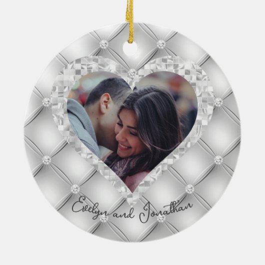 Weddenschap Aangepaste foto White & Silver Diamond Keramisch Ornament (Achterkant)