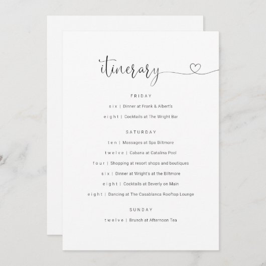 Weddenschap/Bachelorette Party/Birthday Itinerary Programmakaart (Voorkant / Achterkant)