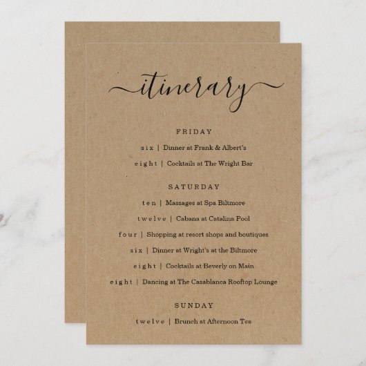 Weddenschap/Bachelorette Party/Birthday Itinerary Programmakaart (Voorkant / Achterkant)