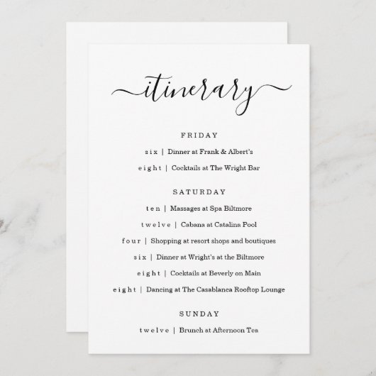 Weddenschap/Bachelorette Party/Birthday Itinerary Programmakaart (Voorkant / Achterkant)