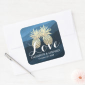 Weddenschap Bedankt Chic Blue Gold Pineapple Coupl Vierkante Sticker (Envelop)
