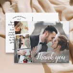 Weddenschap Bedankt Foto Collage 5x7 Briefkaart<br><div class="desc">Zeg dank u in stijl met dit grotere "briefkaart"met 4 van uw trouwfoto's accentueren met een chic hand-brief het kijken manuscriptdoopvont die "Dank u"leest of in uw douanetekst verandert. Voeg je namen en trouwdatum toe aan de voorkant en typ in je eigen aangepast. Dank je wel op de achterkant. Als...</div>