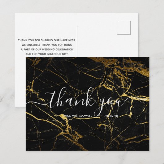 Weddenschap Bedankt | Zwart gouden marmer Briefkaart (Voorkant / Achterkant)