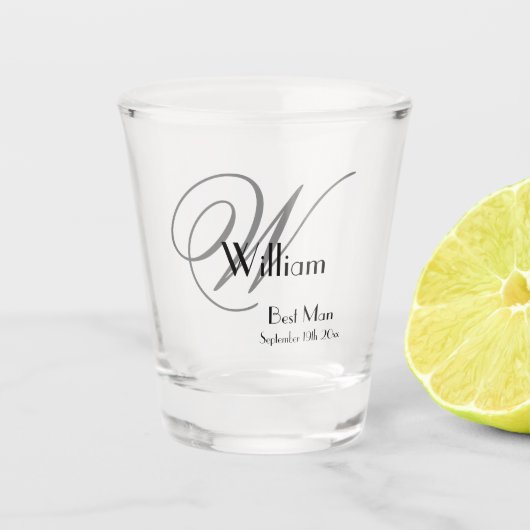 Weddenschap Beste man Gift Modern Monogram & Name Shot Glas (Voorkant)