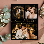 Weddenschap Black en Gold Love en Bedankt Hartelij Briefkaart<br><div class="desc">Moderne, elegante hand-briefterende zwarte en gouden bruiloft foto Collage Hartelijk dank. Minimalistische bruiloft bedankt je sjabloon met drie foto's op de voorkant en één foto op de achterkant. Met de tekst "Liefde en bedankt" in een handgeschreven lettertype van typografie met letters en een gouden kleur op een zwarte achtergrond. Een...</div>