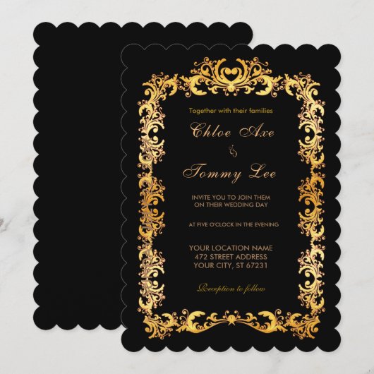 Weddenschap Black Gold border Uitnodiging (Voorkant / Achterkant)