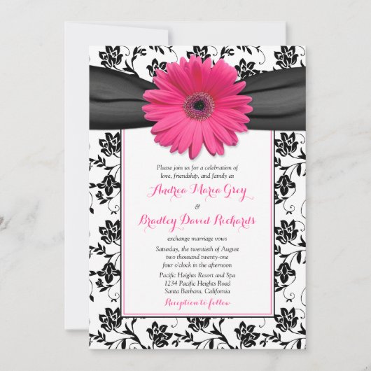 Weddenschap Black White Damask Pink Daisy Kaart (Voorkant)