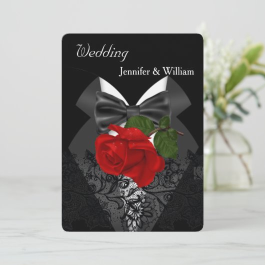 Weddenschap Black White Tuxedo Deep RED Rose 2c Kaart (Staand voorkant)