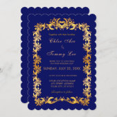 Weddenschap blauwe gouden grens Uitnodiging (Voorkant / Achterkant)