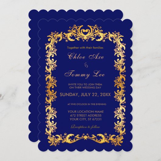 Weddenschap blauwe gouden grens Uitnodiging (Voorkant / Achterkant)