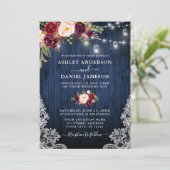 Weddenschap Blue Wood Burgundy Floral Jar Lights Kaart (Staand voorkant)