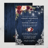 Weddenschap Blue Wood Burgundy Floral Jar Lights Kaart (Voorkant / Achterkant)