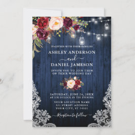 Weddenschap Blue Wood Burgundy Floral Jar Lights Kaart