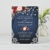 Weddenschap Blue Wood Burgundy Floral Lights Lace Kaart (Staand voorkant)
