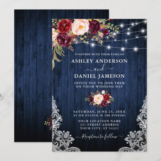Weddenschap Blue Wood Burgundy Floral Lights Lace Kaart (Voorkant / Achterkant)