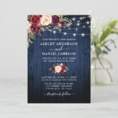 Weddenschap Blue Wood Burgundy Floral String Light Kaart (Staand voorkant)