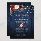 Weddenschap Blue Wood Burgundy Floral String Light Kaart (Voorkant / Achterkant)