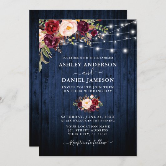 Weddenschap Blue Wood Burgundy Floral String Light Kaart (Voorkant / Achterkant)