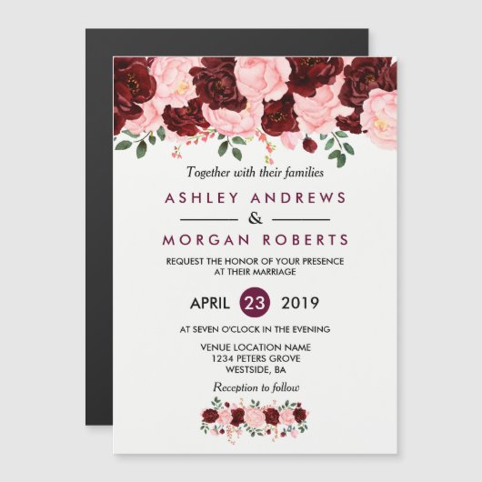 Weddenschap: Blush Pink Burgundy Floral Magnetische Uitnodiging (Voorkant / Achterkant)