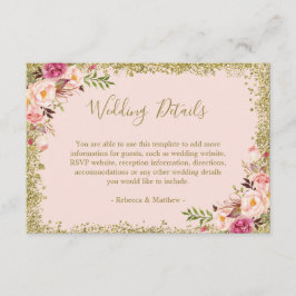 Weddenschap - Blush Pink Gold Glitters Floral Informatiekaartje