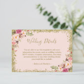 Weddenschap - Blush Pink Gold Glitters Floral Informatiekaartje (Staand voorkant)