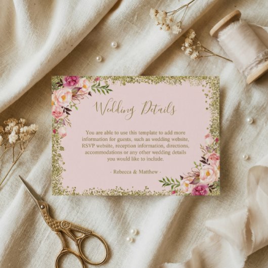 Weddenschap - Blush Pink Gold Glitters Floral Informatiekaartje
