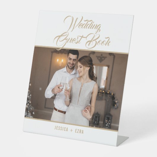 Weddenschap-boek Foto Elegant Gold Script Reclamebord Met Voetstuk (Voorkant)