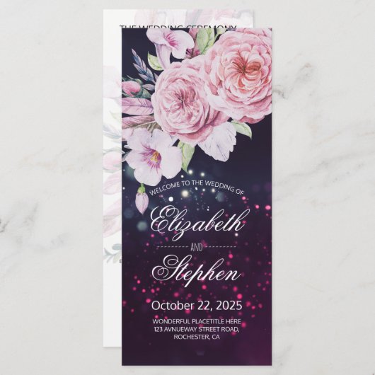 Weddenschap Boho Floral Feather Paarse Lights Programmakaart (Voorkant / Achterkant)