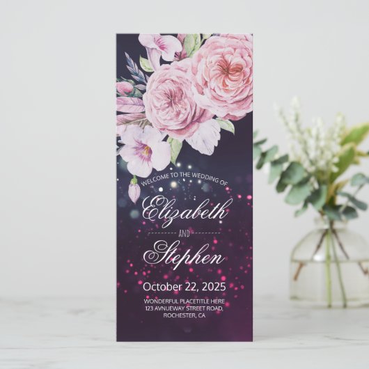 Weddenschap Boho Floral Feather Paarse Lights Programmakaart (Staand voorkant)