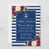 Weddenschap Bourgogne Nautical Blue Stripes Invite Kaart (Voorkant)
