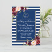 Weddenschap Bourgogne Nautical Blue Stripes Invite Kaart (Staand voorkant)