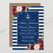 Weddenschap Bourgogne Nautical Blue Stripes Invite Kaart (Voorkant / Achterkant)