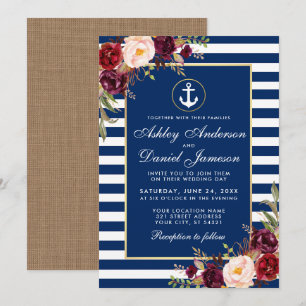 Weddenschap Bourgogne Nautical Blue Stripes Invite Kaart