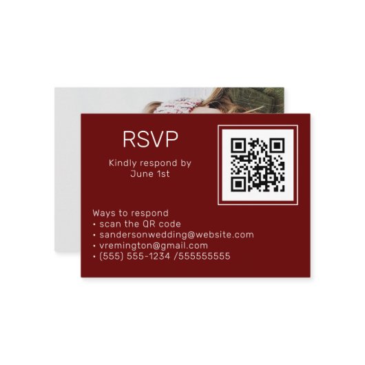 Weddenschap Bourgogne RSVP Online QR Code Foto Informatiekaartje (Voorkant / Achterkant in situ)